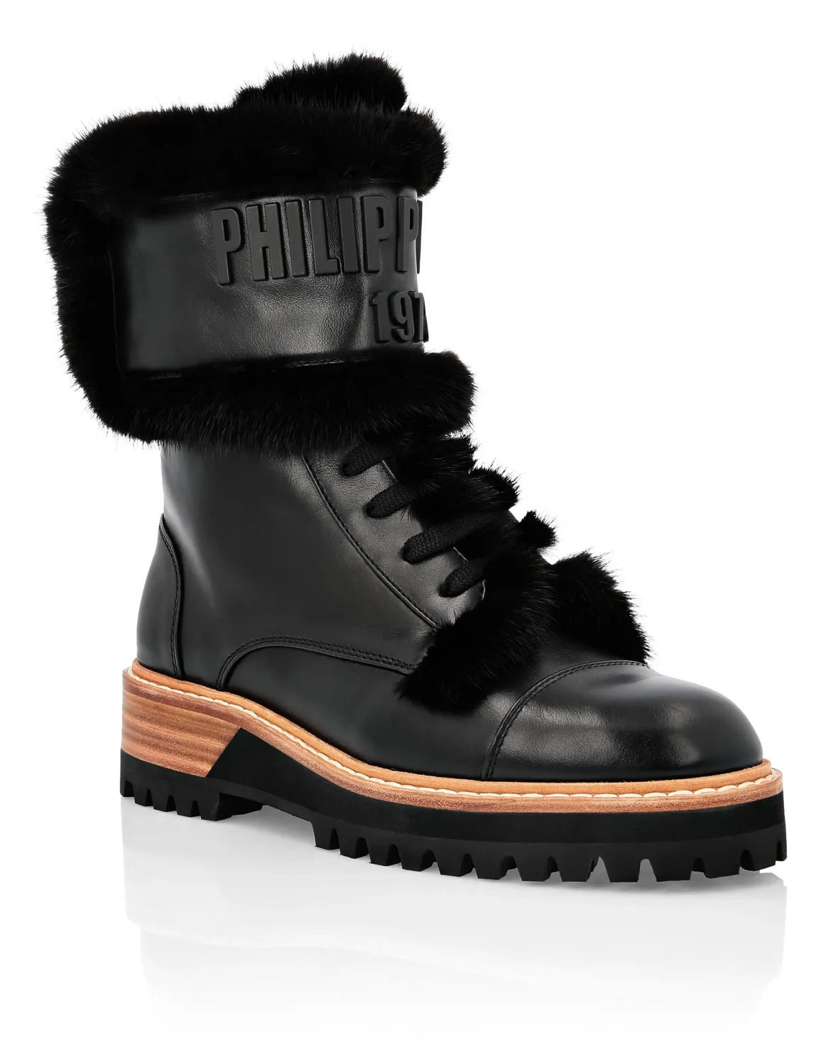Leather Boots Low Flat mink fur insert PP1978, цвет: Черный