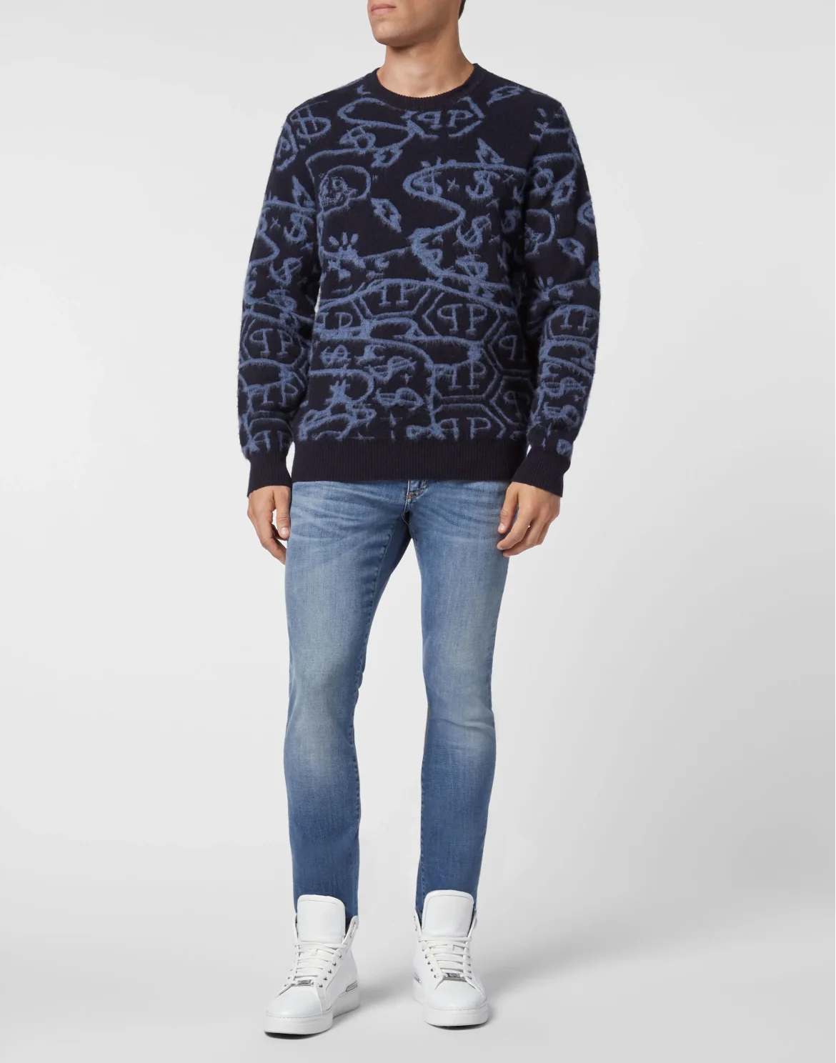 Merino wool Pullover Round Neck LS Jacquard All Over Hexagon, цвет: Синий