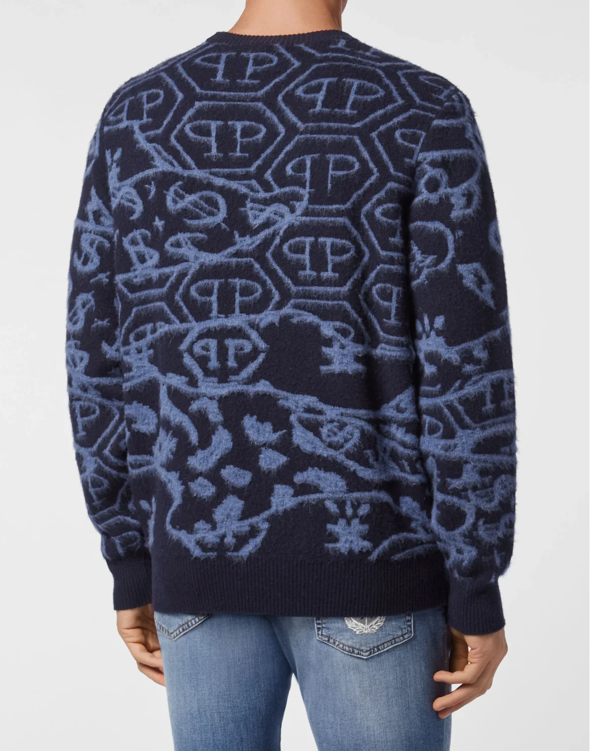 Merino wool Pullover Round Neck LS Jacquard All Over Hexagon, цвет: Синий