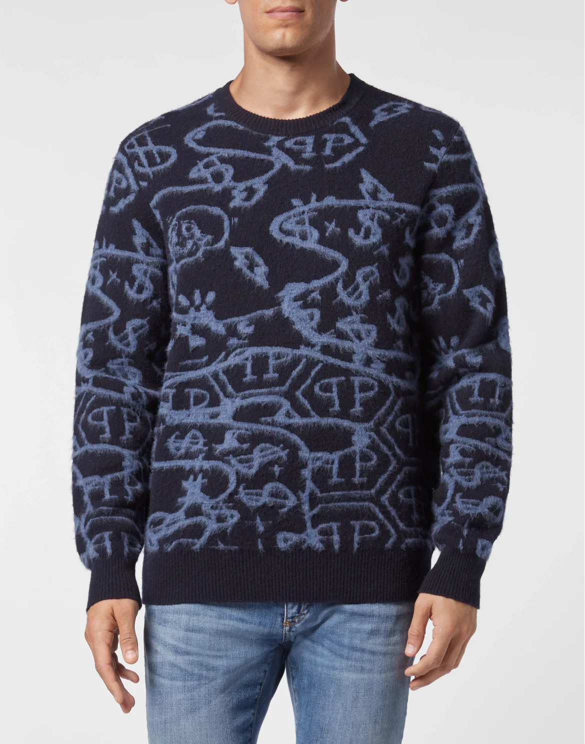 Merino wool Pullover Round Neck LS Jacquard All Over Hexagon, цвет: Синий