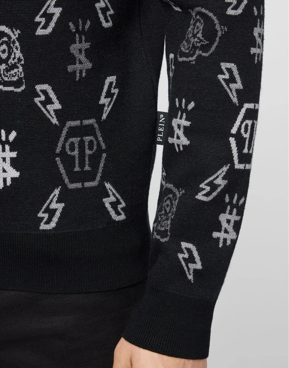 Merino wool Pullover Round Neck LS Jacquard Monogram, цвет: Черный