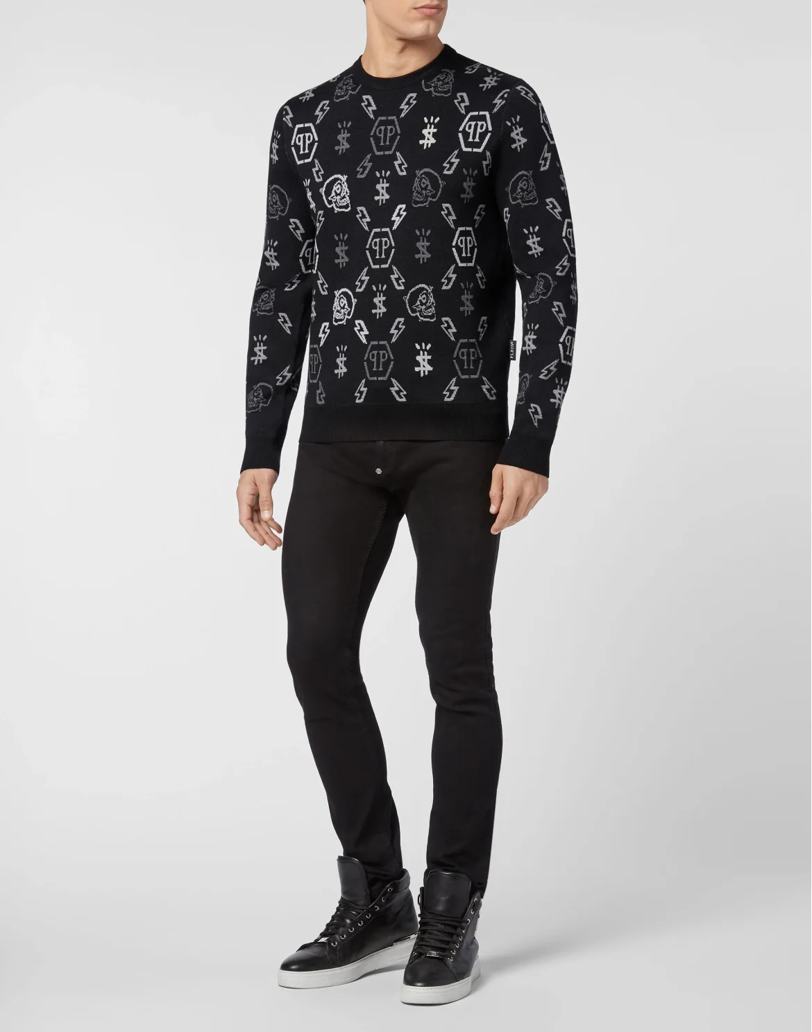 Merino wool Pullover Round Neck LS Jacquard Monogram, цвет: Черный
