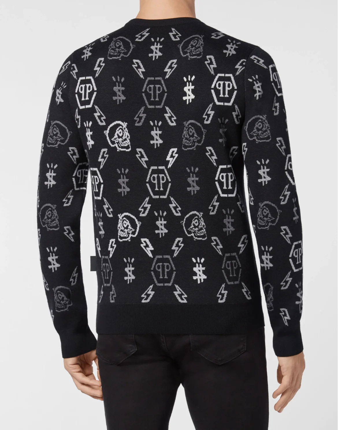 Merino wool Pullover Round Neck LS Jacquard Monogram, цвет: Черный