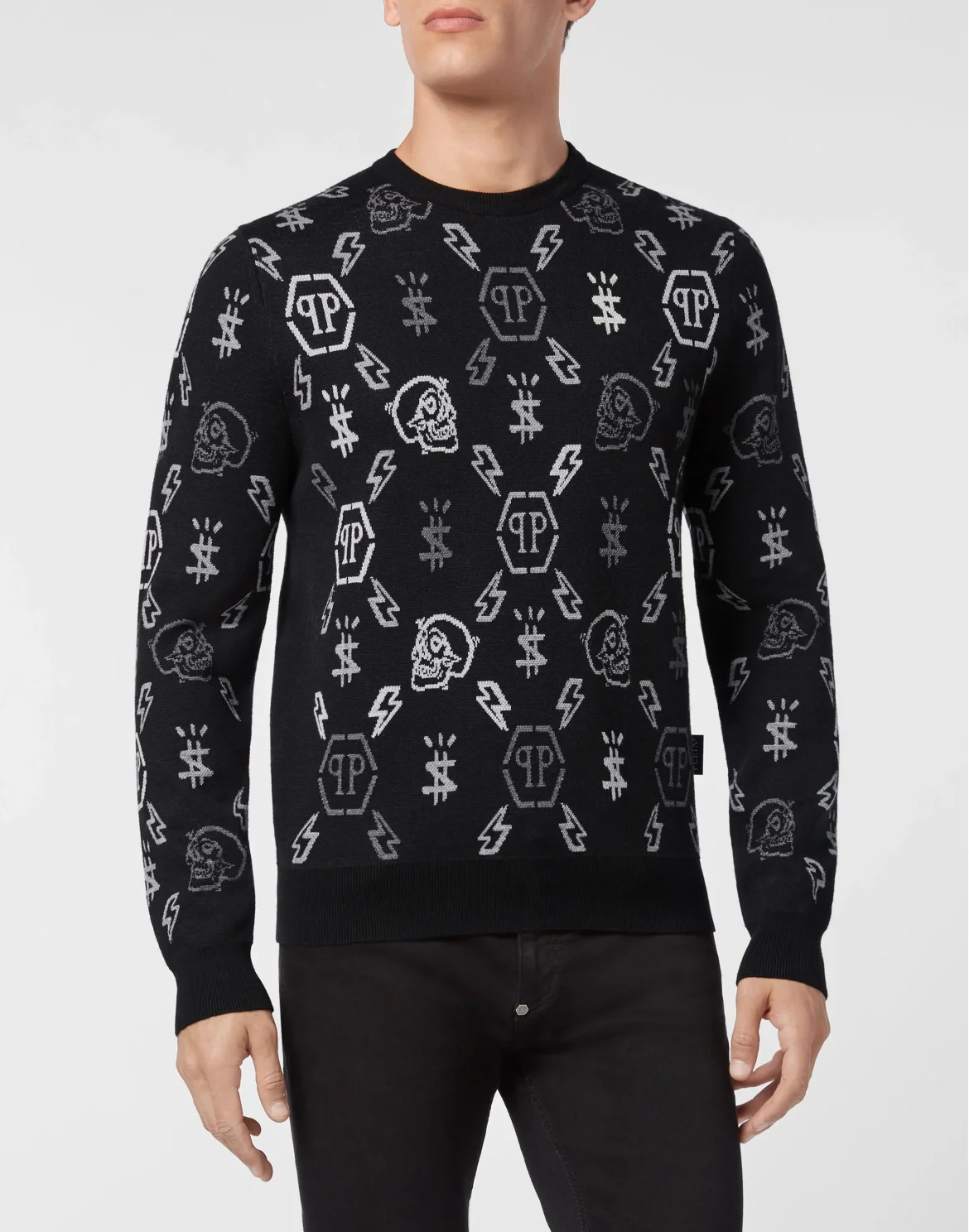 Merino wool Pullover Round Neck LS Jacquard Monogram, цвет: Черный