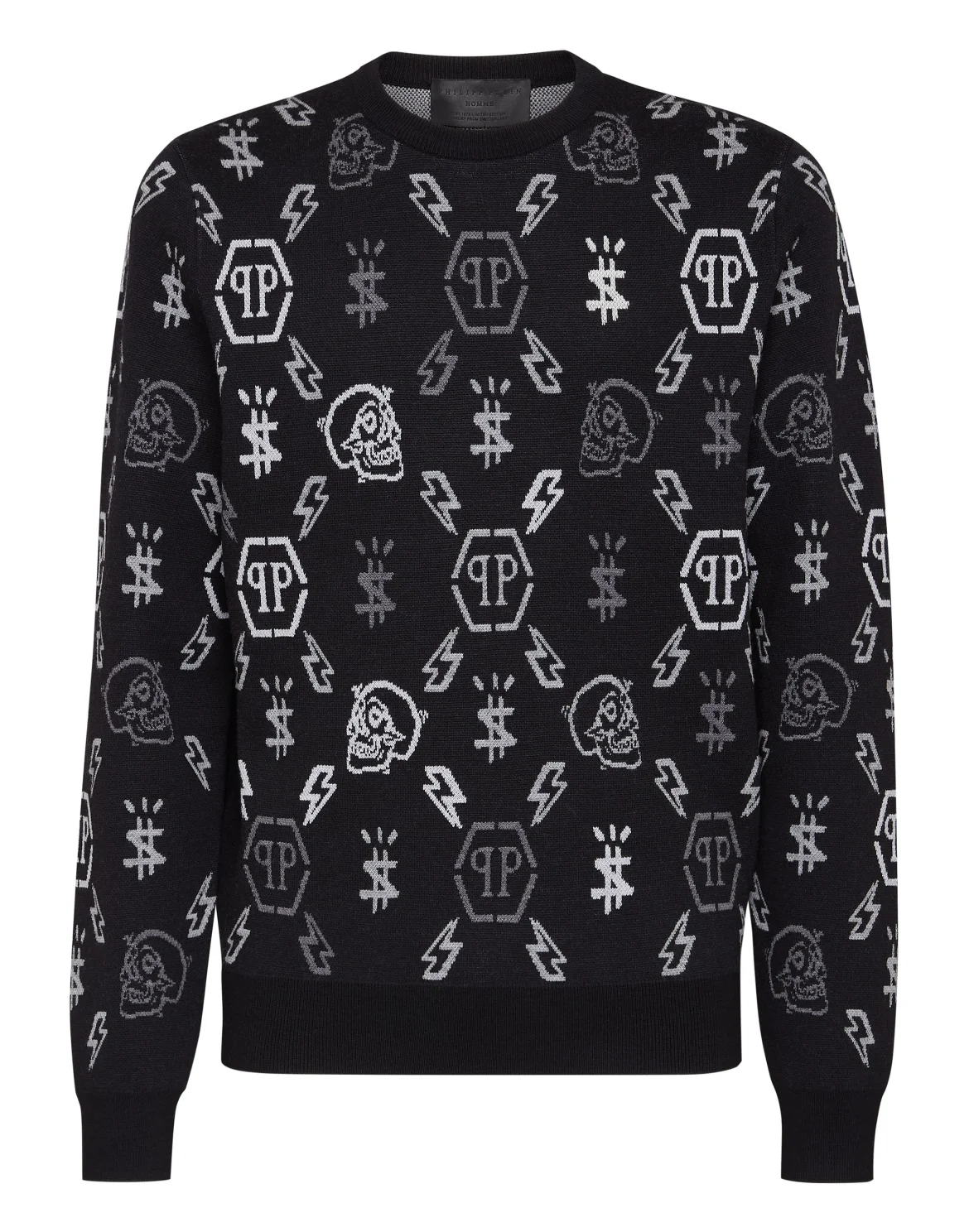 Merino wool Pullover Round Neck LS Jacquard Monogram, цвет: Черный