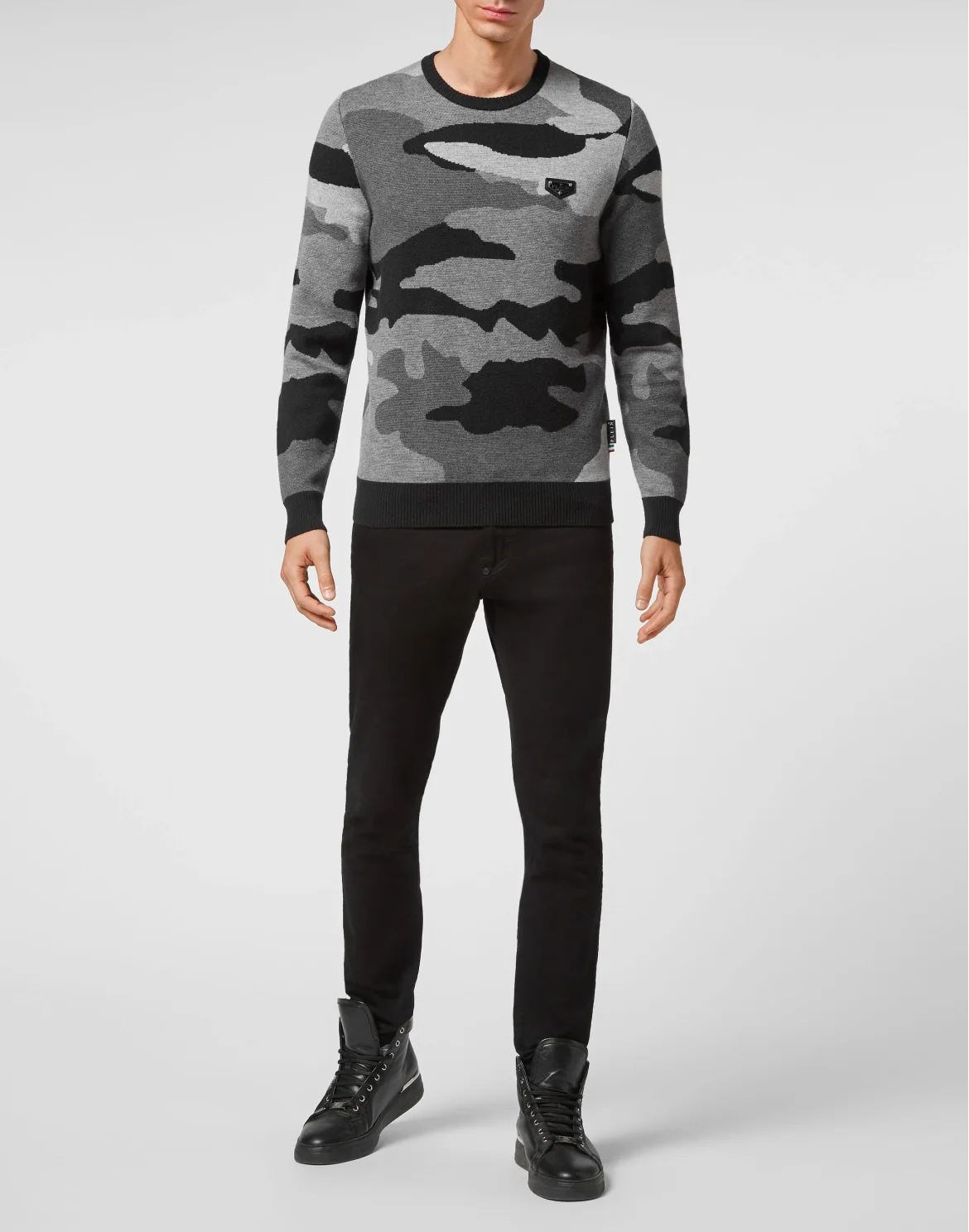 Merino wool Pullover Round Neck LS Camouflage, цвет: Черный