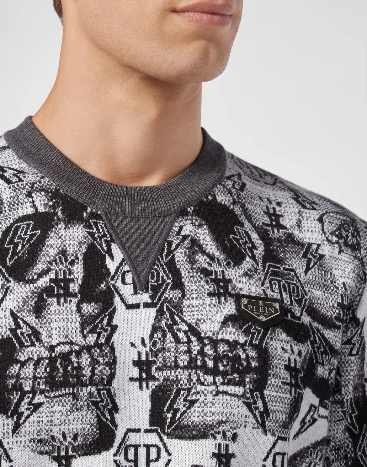 Merino wool Pullover Round Neck LS Jacquard Skull, цвет: Белый