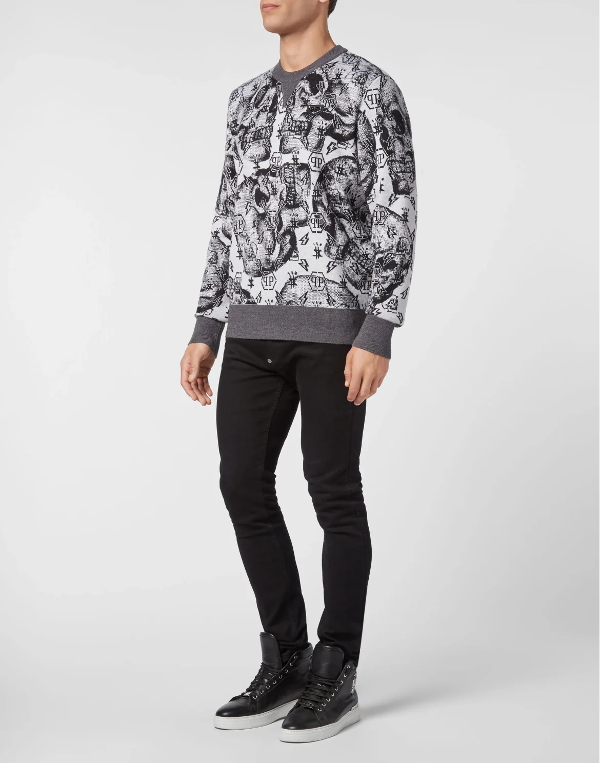 Merino wool Pullover Round Neck LS Jacquard Skull, цвет: Белый