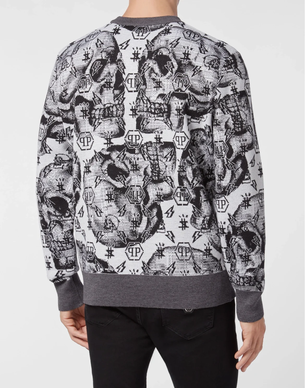 Merino wool Pullover Round Neck LS Jacquard Skull, цвет: Белый