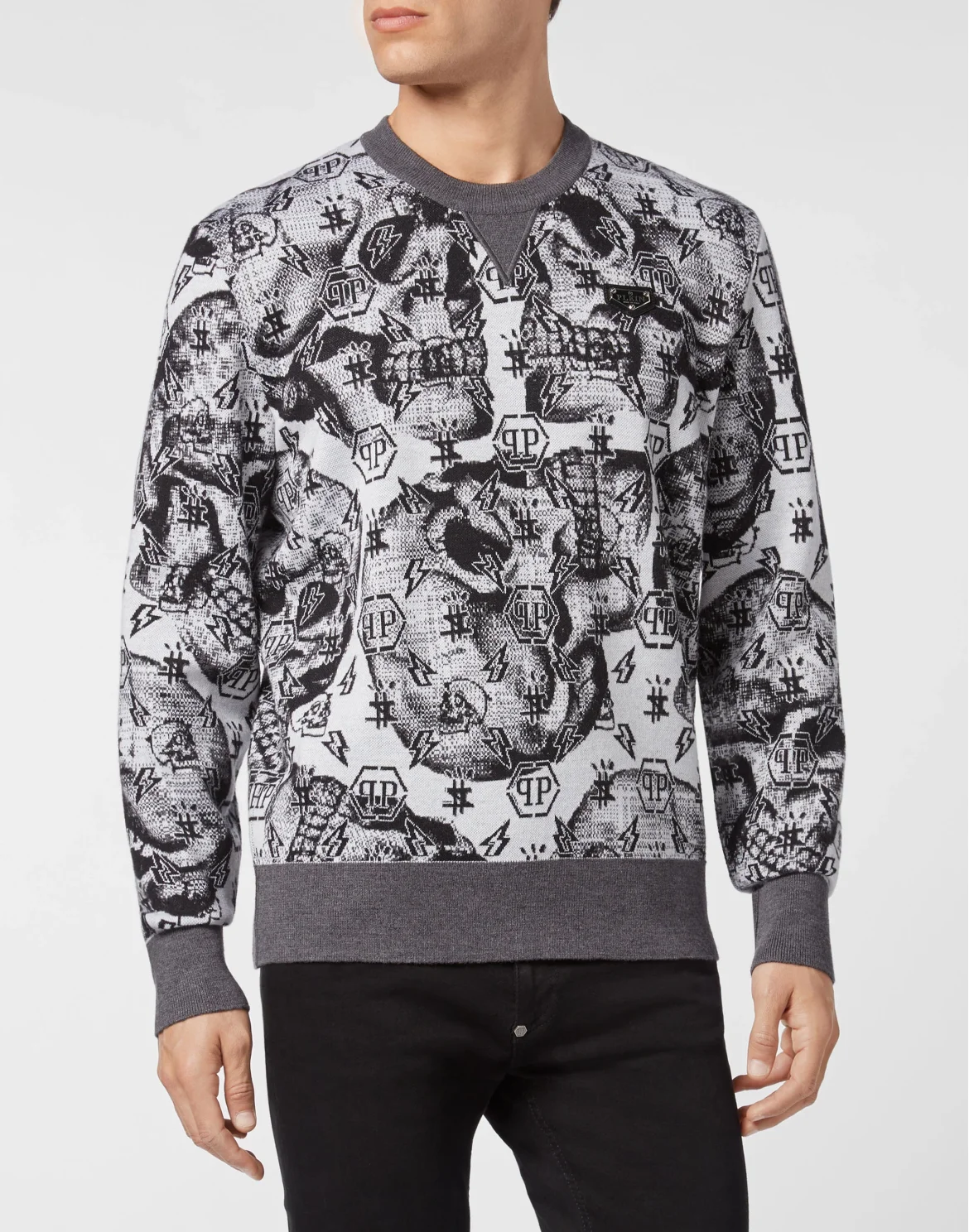 Merino wool Pullover Round Neck LS Jacquard Skull, цвет: Белый
