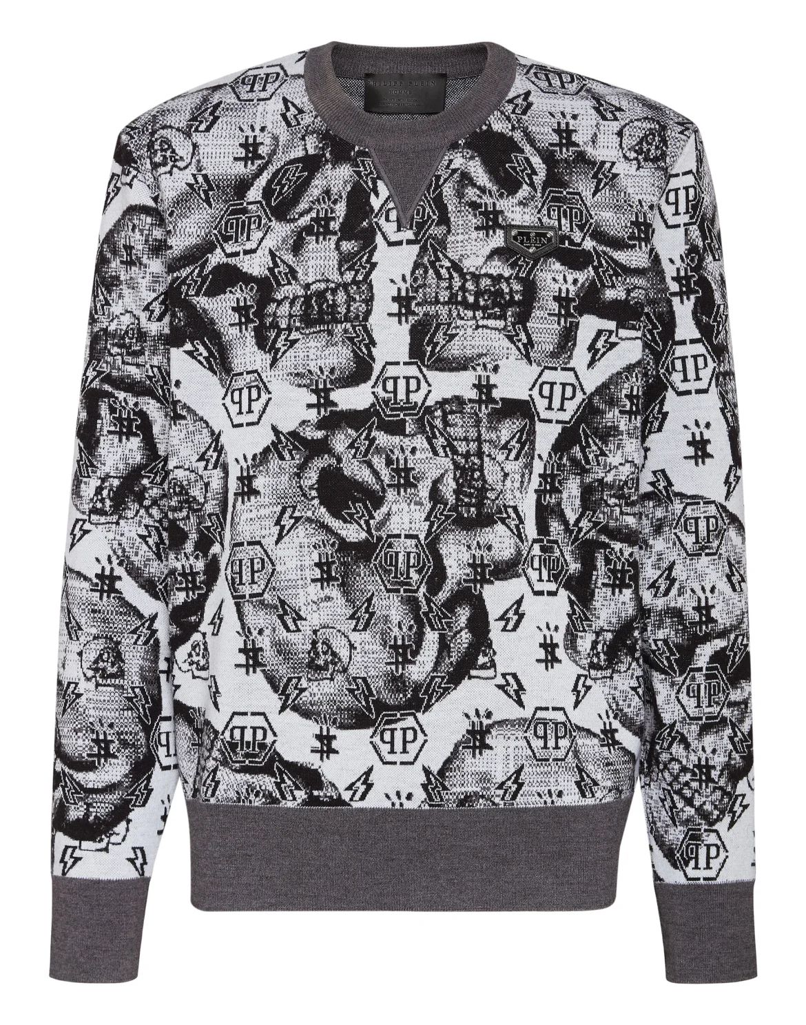 Merino wool Pullover Round Neck LS Jacquard Skull, цвет: Белый