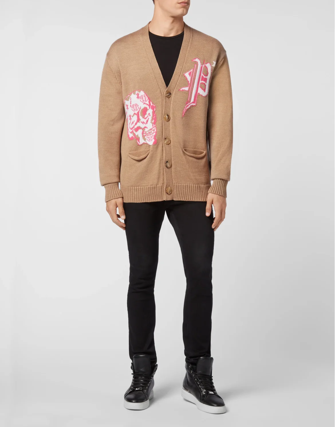 Merino wool Cardigan Short Jacquard Skull, цвет: Бежевый