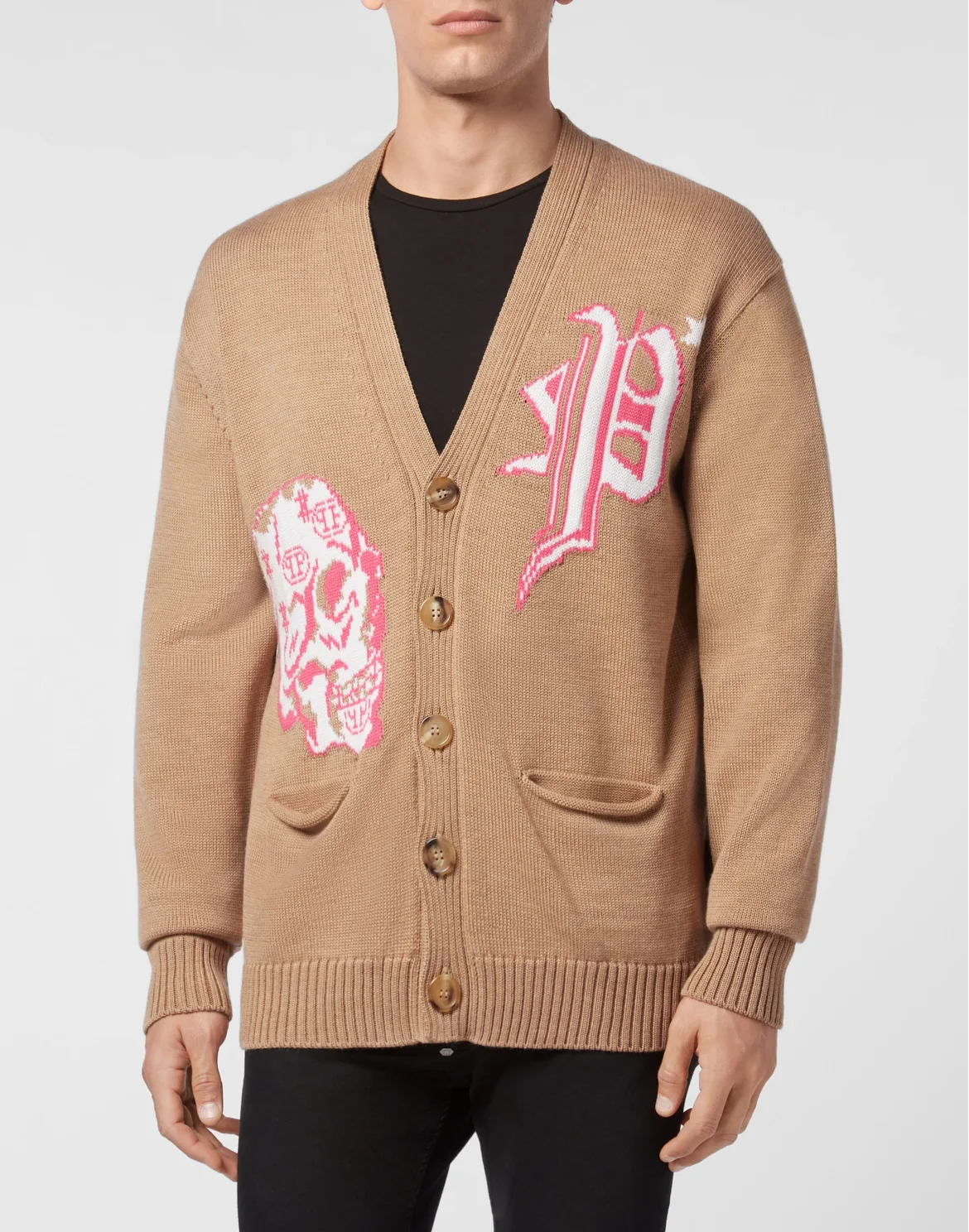 Merino wool Cardigan Short Jacquard Skull, цвет: Бежевый