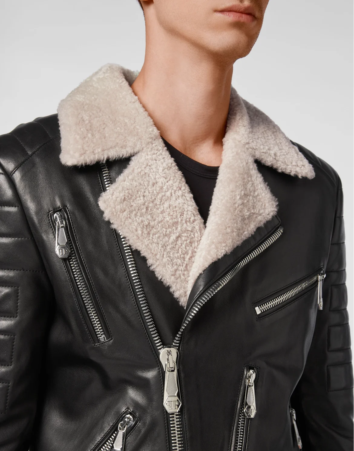 Lambskin shearling Biker Jacket Iconic Plein, цвет: Черный
