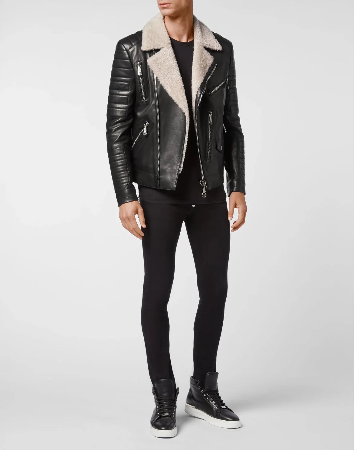 Lambskin shearling Biker Jacket Iconic Plein, цвет: Черный
