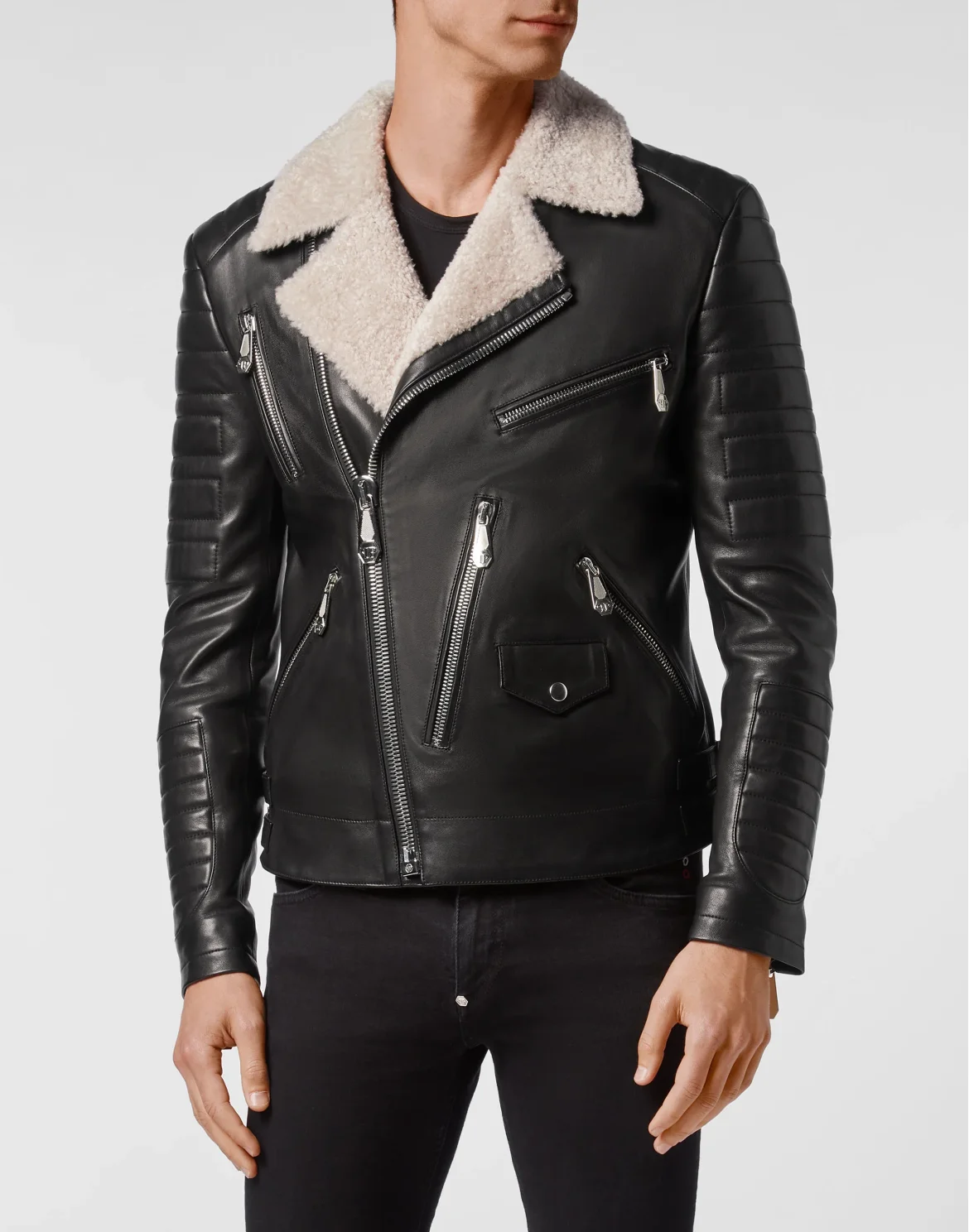 Lambskin shearling Biker Jacket Iconic Plein, цвет: Черный