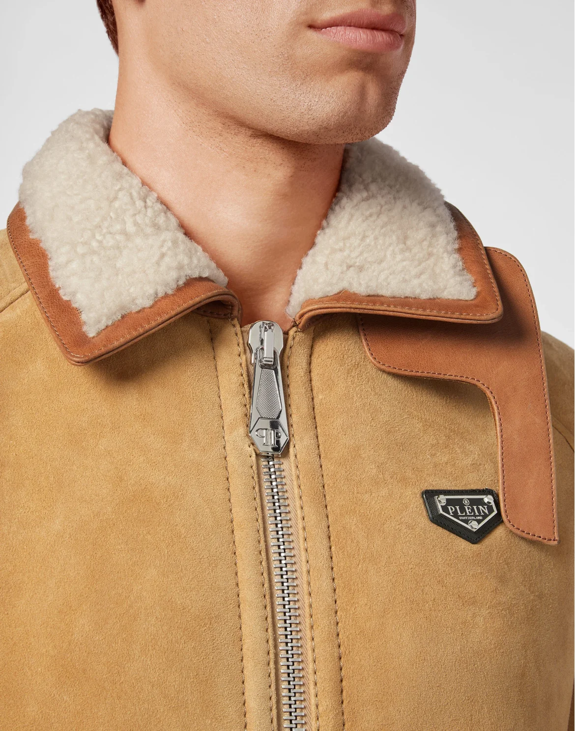 Shearling leather jacket Iconic Plein, цвет: Бежевый