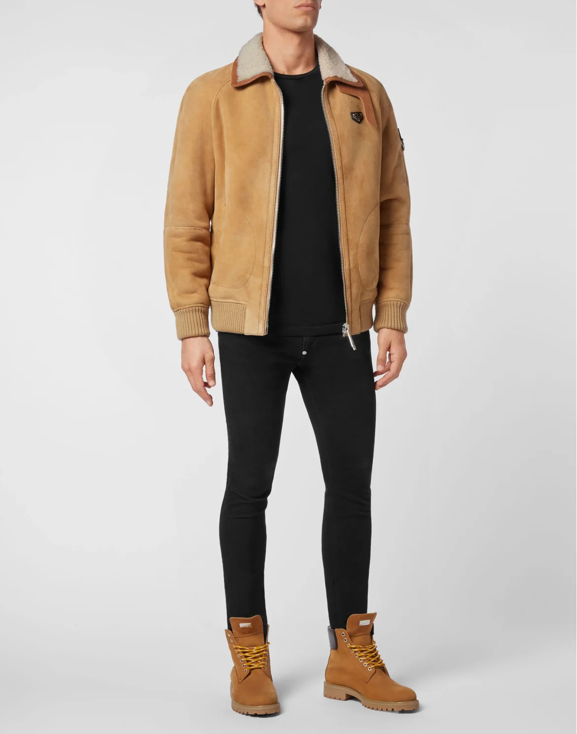 Shearling leather jacket Iconic Plein, цвет: Бежевый
