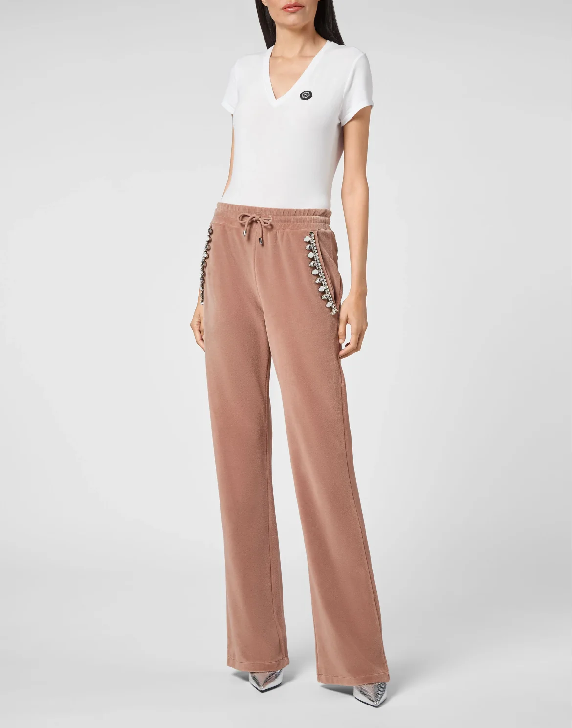 Velvet Jogging Trousers Crystal Chain, цвет: Розовый