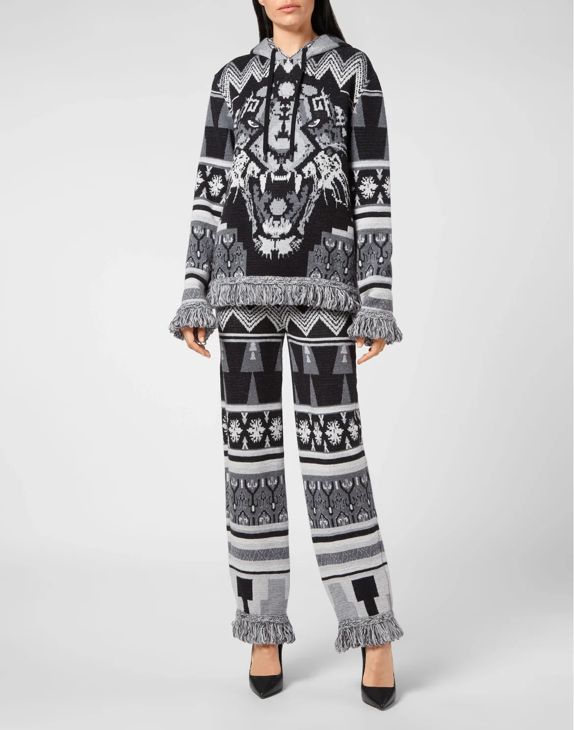Wool Hoodie Sweater Fringe Navajo, цвет: Черный