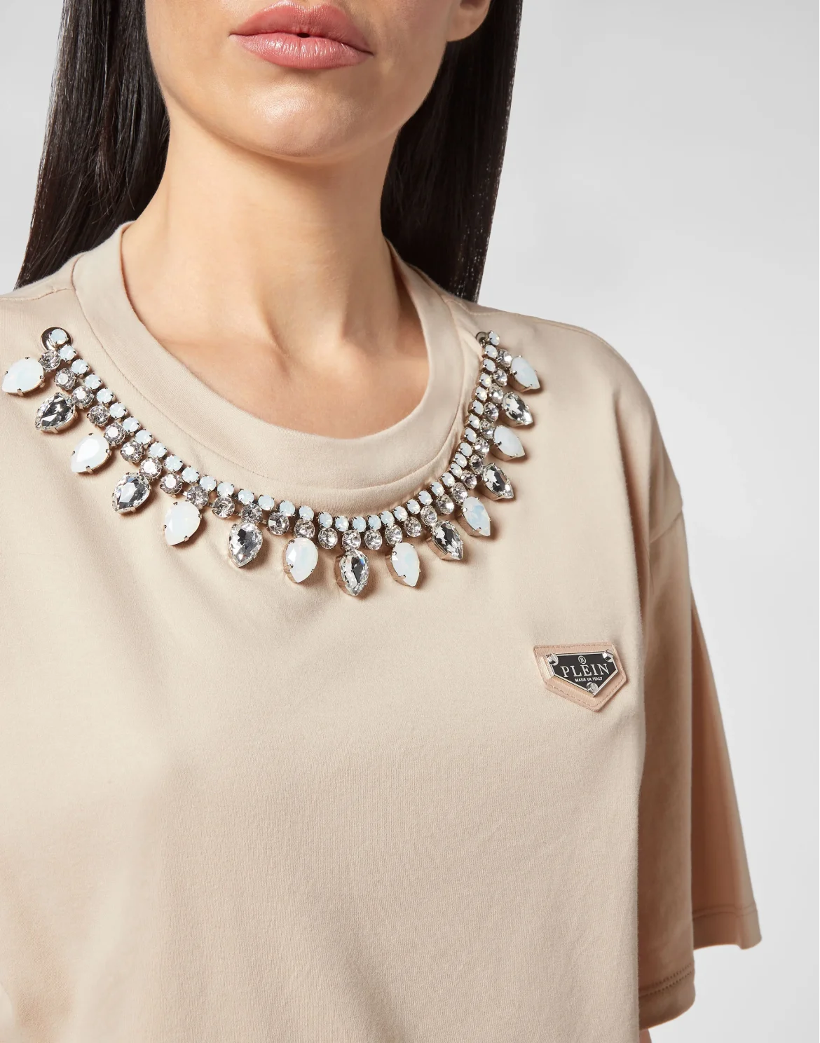 T-shirt Round Neck SS Crystal Chain, цвет: Бежевый