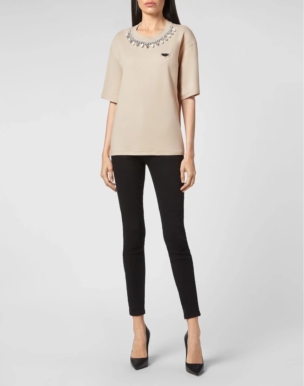T-shirt Round Neck SS Crystal Chain, цвет: Бежевый