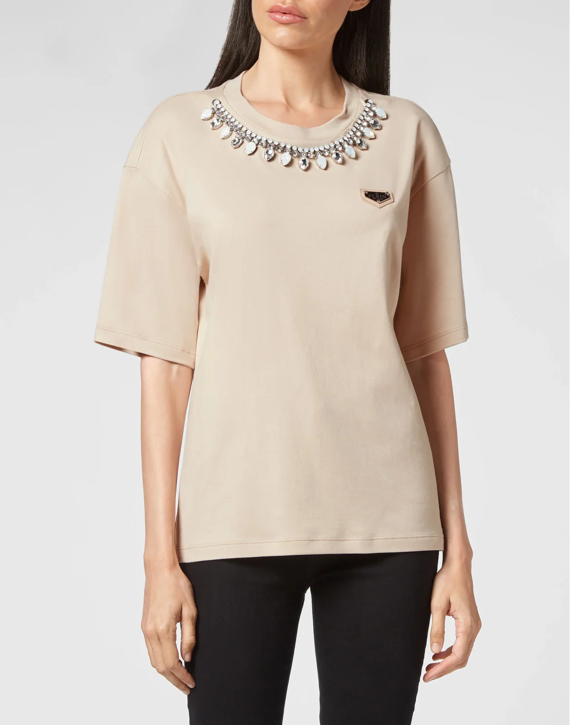 T-shirt Round Neck SS Crystal Chain, цвет: Бежевый