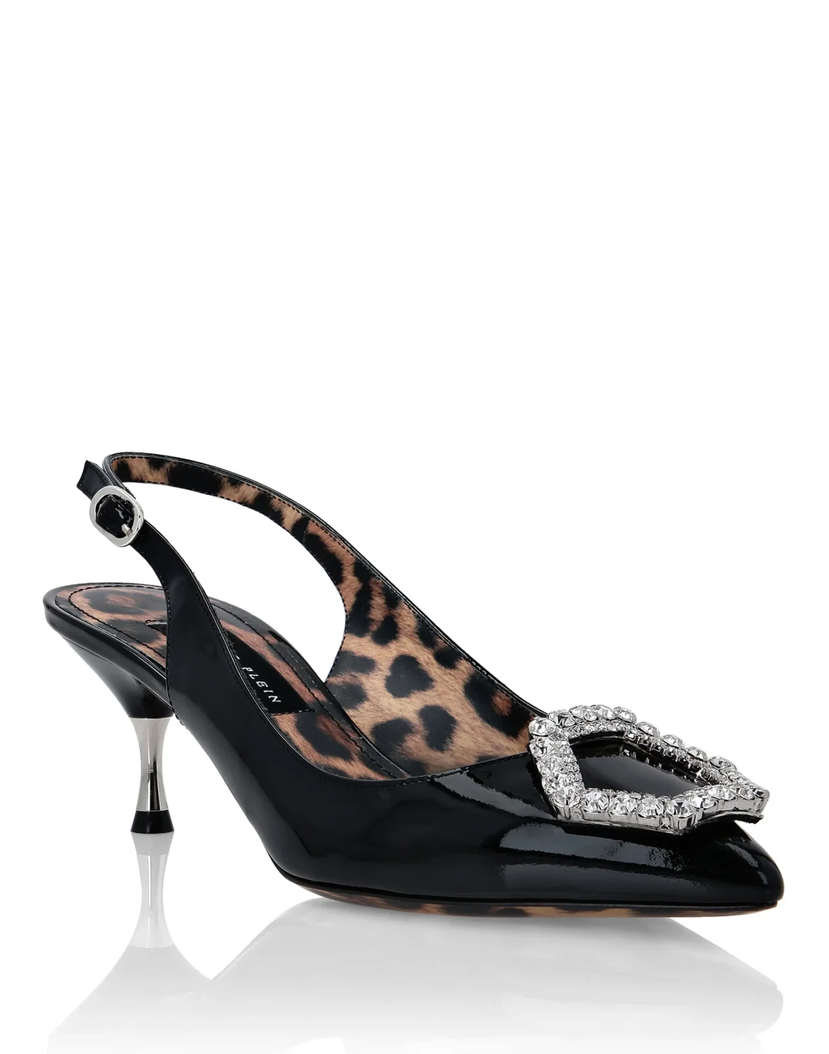 Patent Leather Slingback Low Heels Crystal Hexagon, цвет: Черный