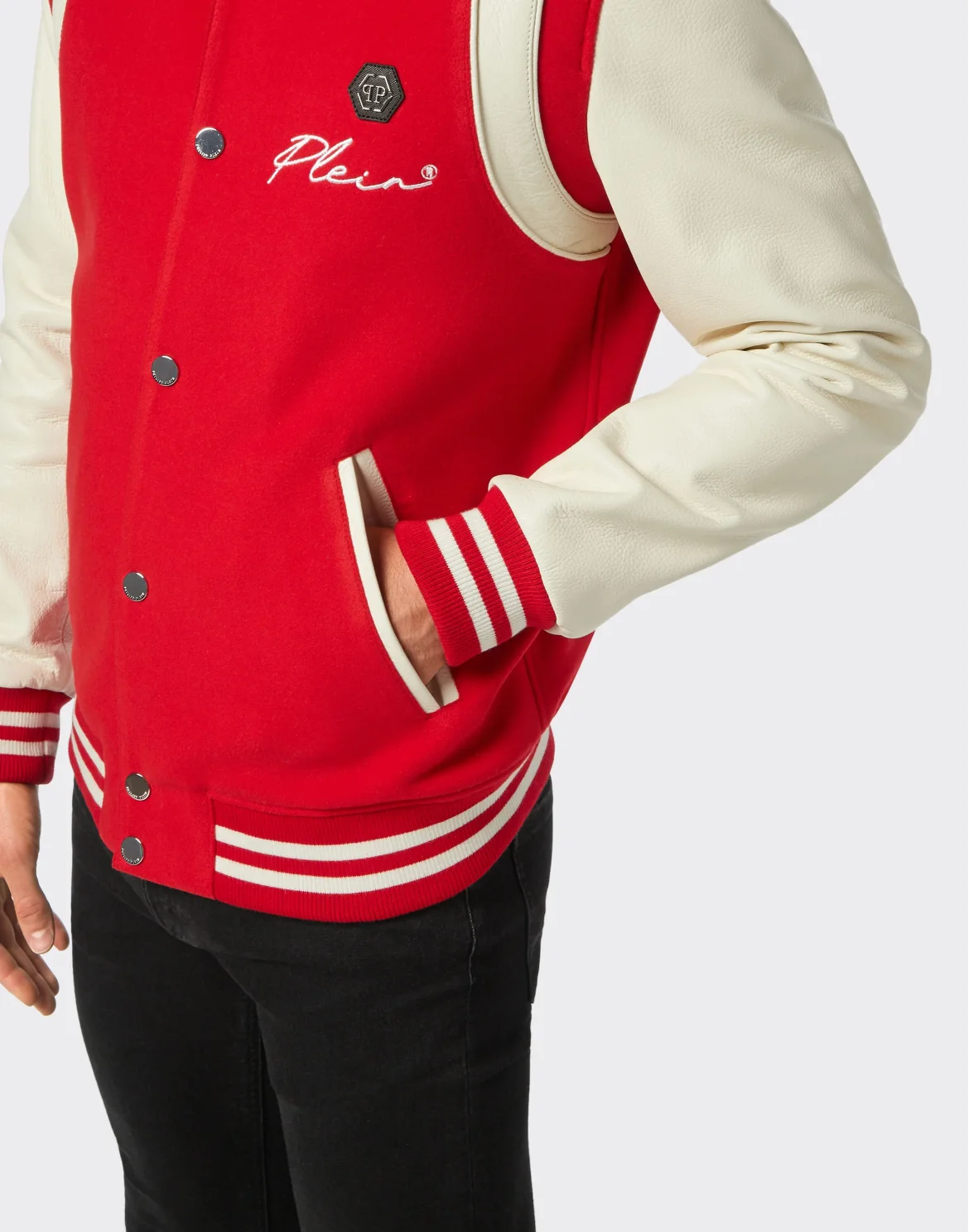 College Bomber Leather sleeves Hexagon, цвет: Красный