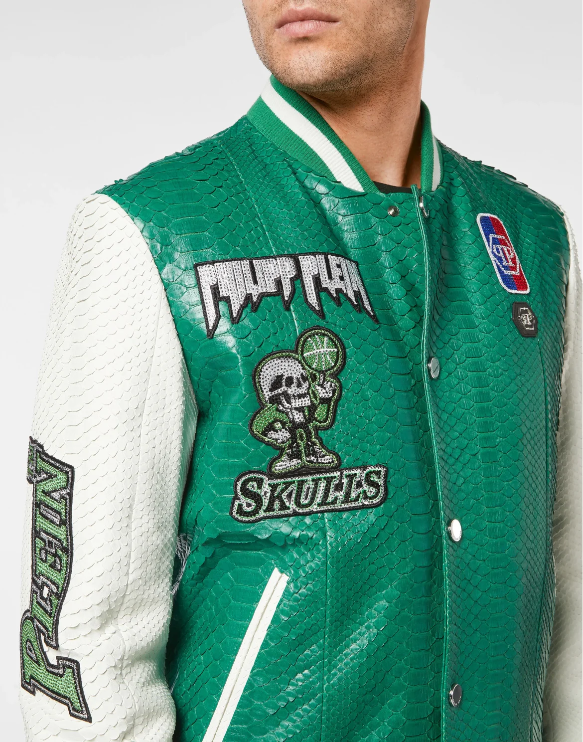 Python Leather College Jacket Basketball with Crystals, цвет: Зеленый