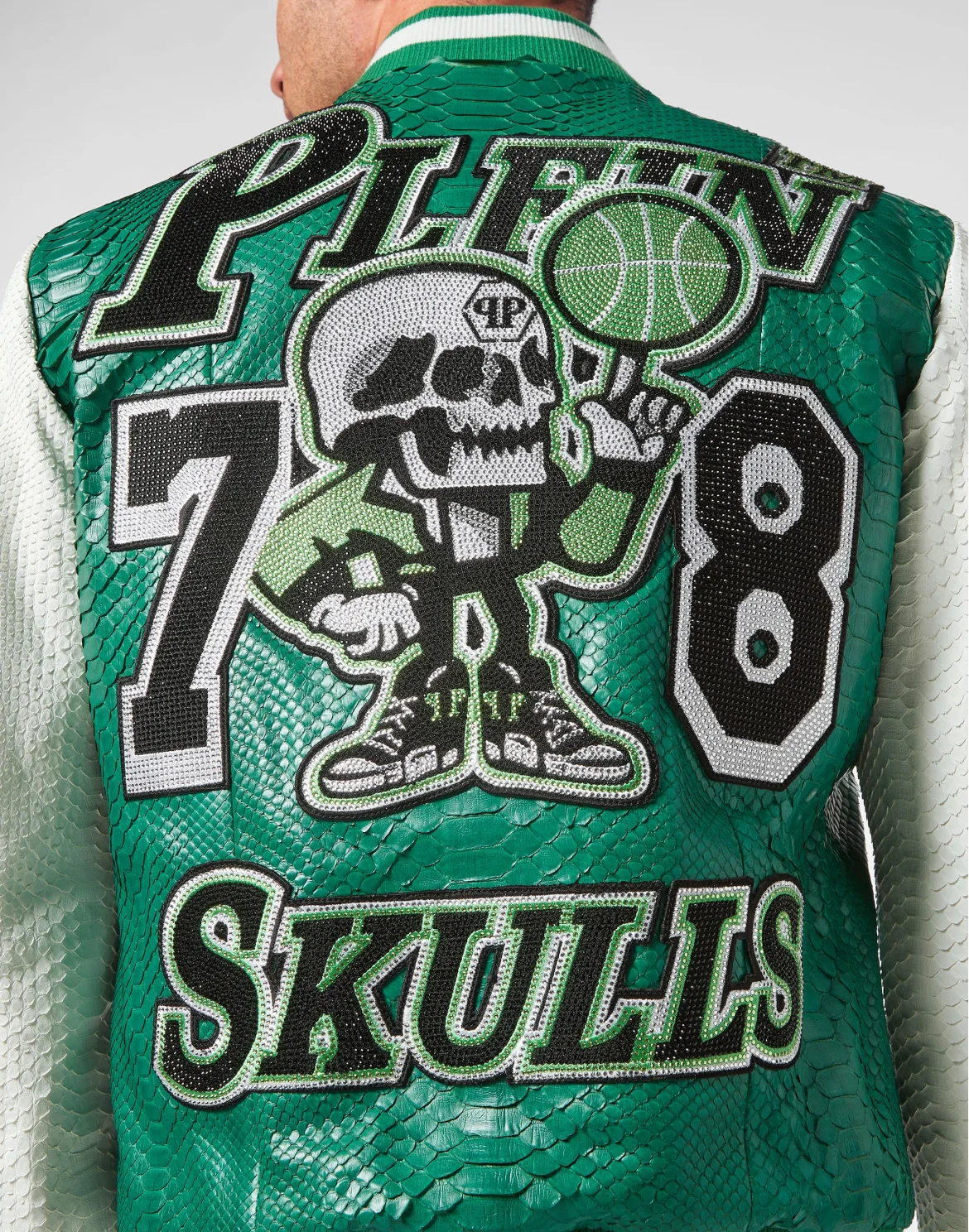 Python Leather College Jacket Basketball with Crystals, цвет: Зеленый