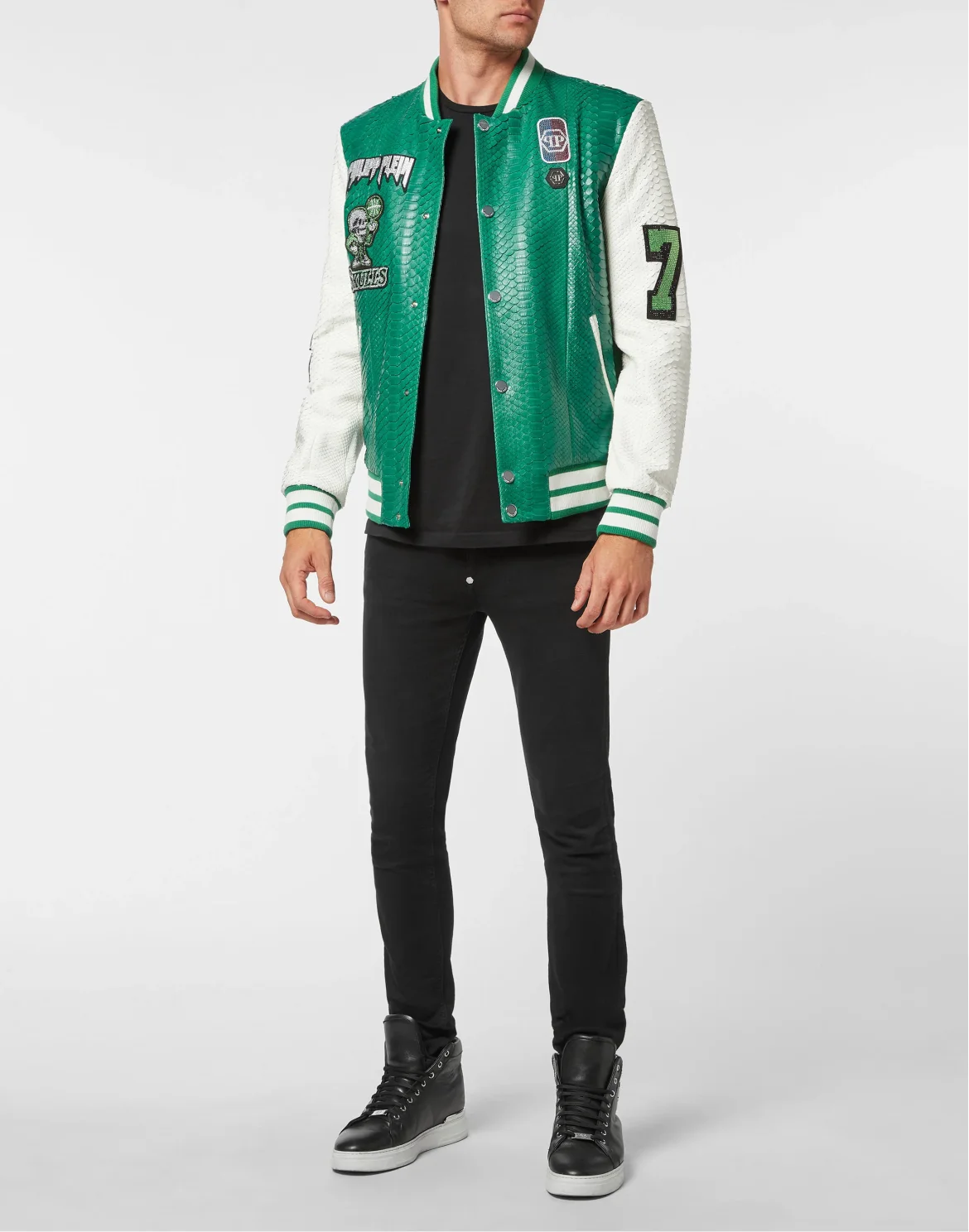 Python Leather College Jacket Basketball with Crystals, цвет: Зеленый