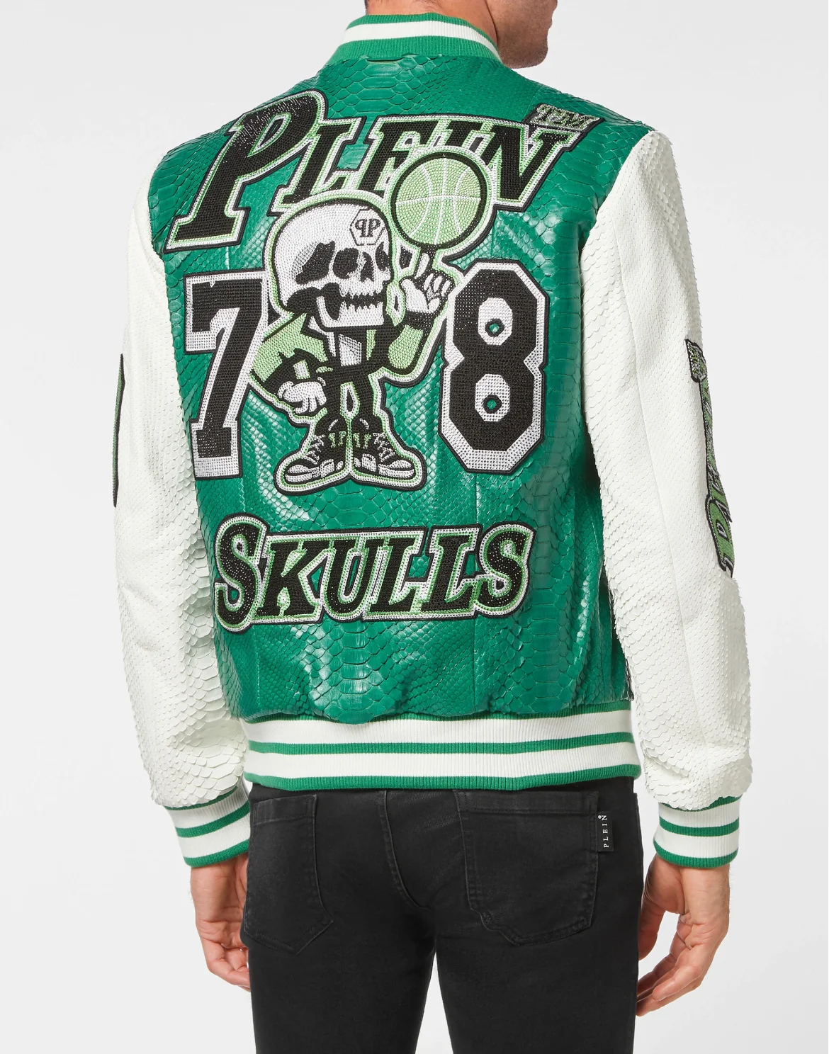 Python Leather College Jacket Basketball with Crystals, цвет: Зеленый