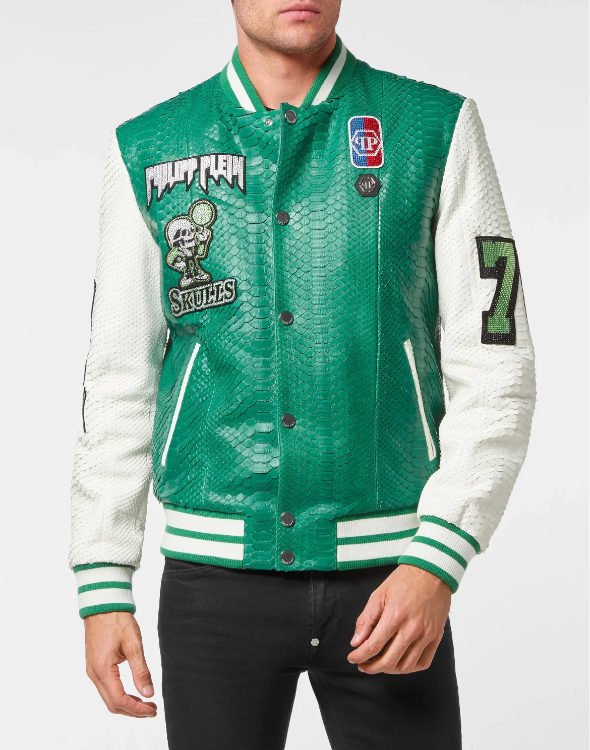 Python Leather College Jacket Basketball with Crystals, цвет: Зеленый