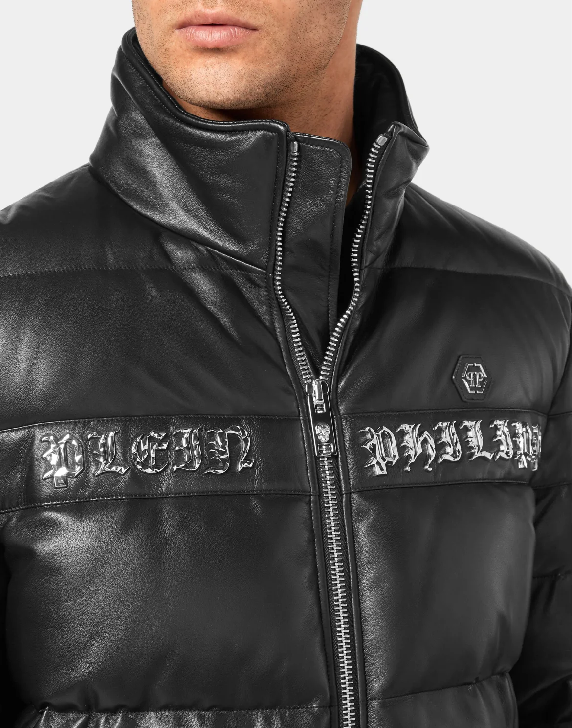 Leather Down Jacket Gothic Plein, цвет: Черный
