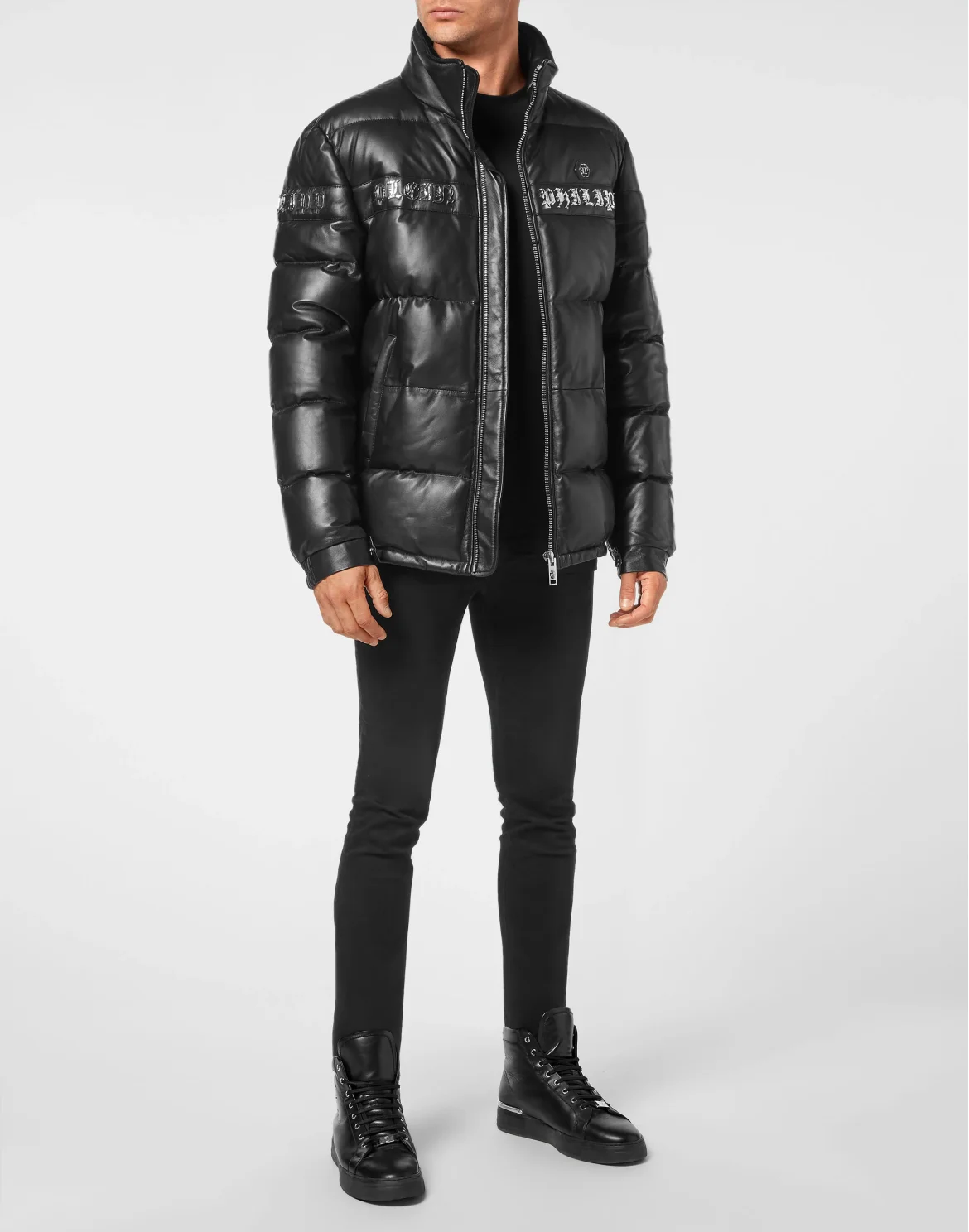 Leather Down Jacket Gothic Plein, цвет: Черный
