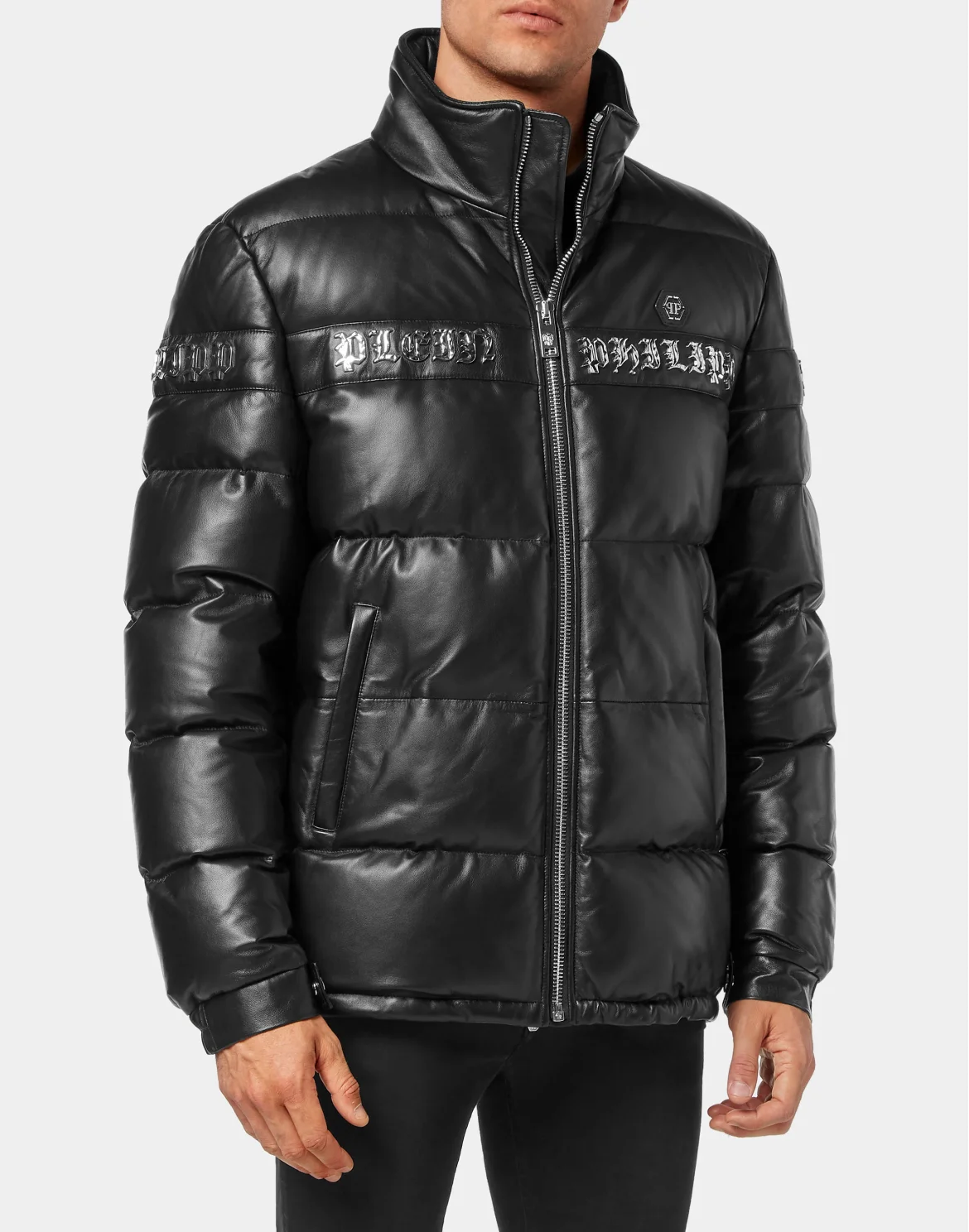 Leather Down Jacket Gothic Plein, цвет: Черный