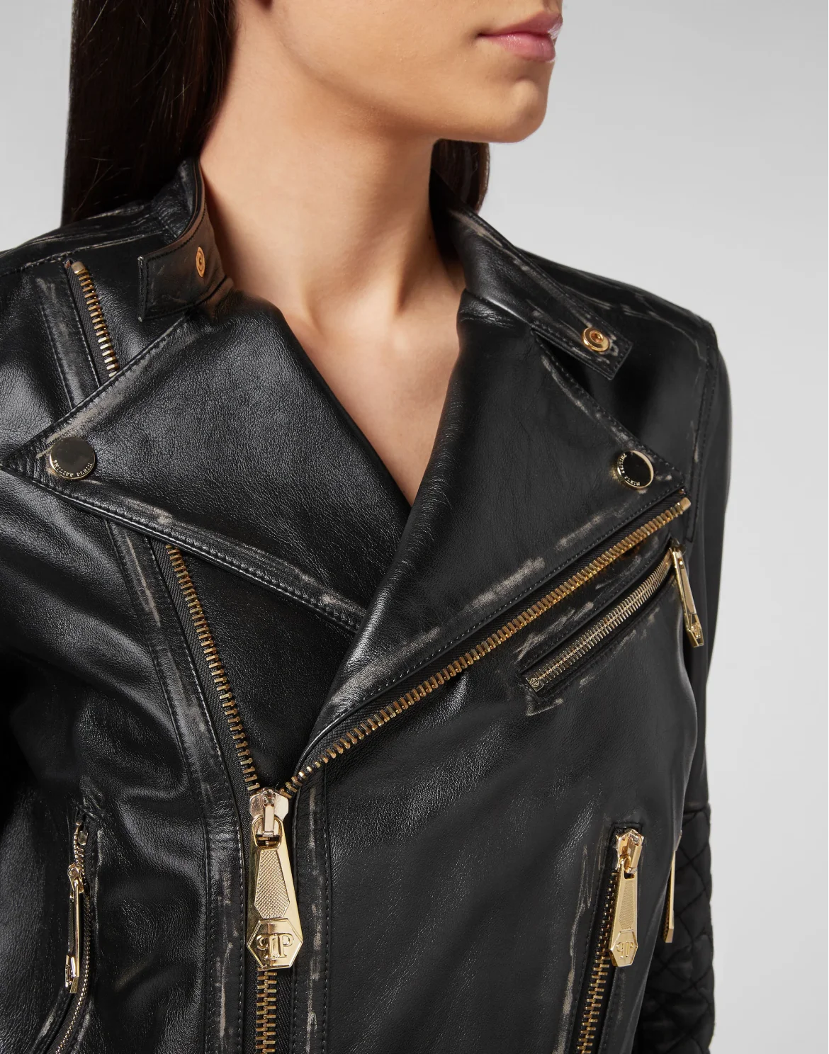 Leather Biker Jacket Man Fit Gothic Plein, цвет: Черный