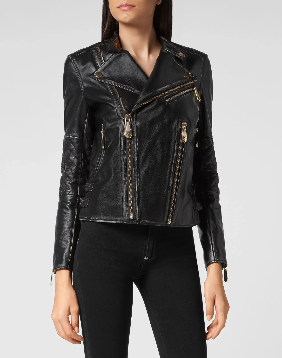 Leather Biker Jacket Man Fit Gothic Plein, цвет: Черный