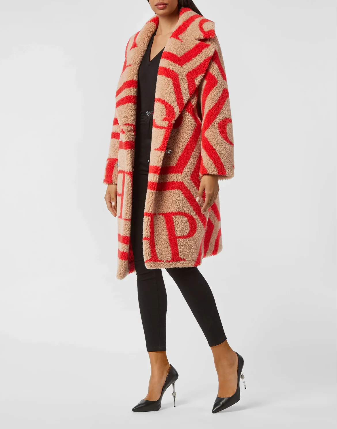 Eco Fur Long Coat Monogram, цвет: Бежевый