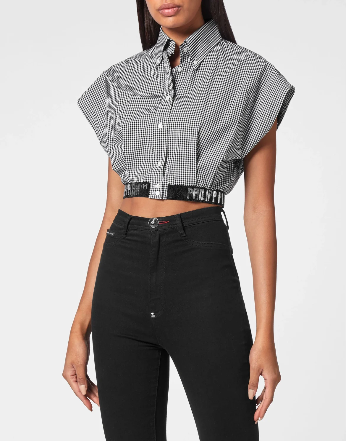 Crop Sleeveless Shirt with Crystals, цвет: Черный