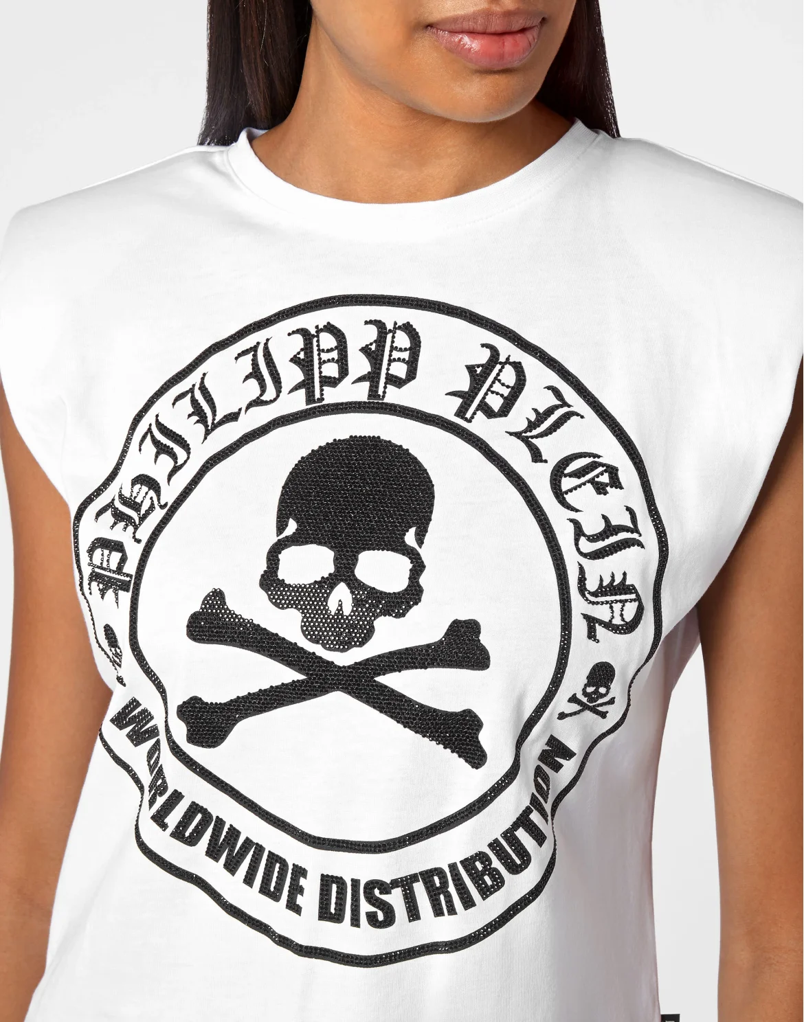 Sleeveless T-shirt Crystal Skull with Crystals, цвет: Белый