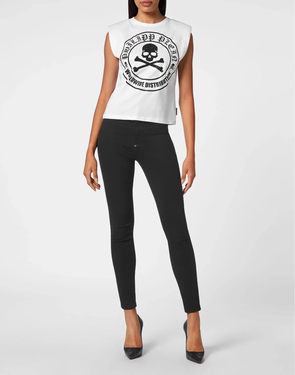 Sleeveless T-shirt Crystal Skull with Crystals, цвет: Белый