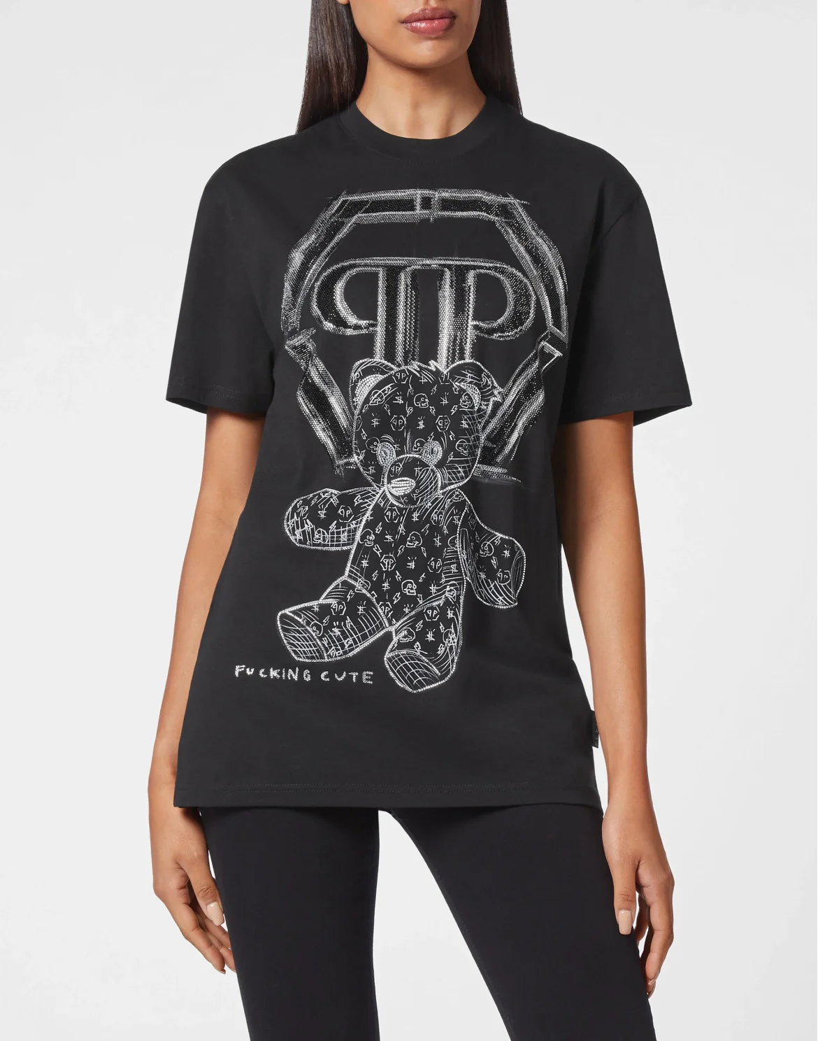 T-shirt Round Neck SS Man Fit Teddy Bear with Crystals, цвет: Черный