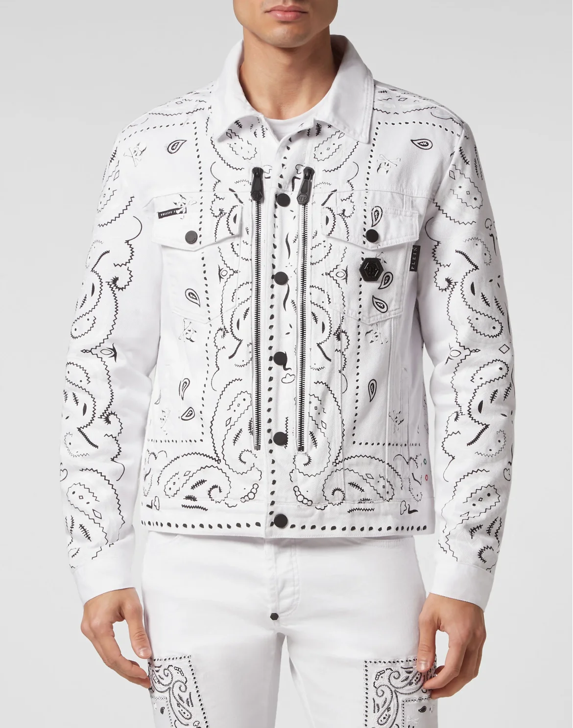 Embroidered Denim Jacket Paisley Bandana, цвет: Белый