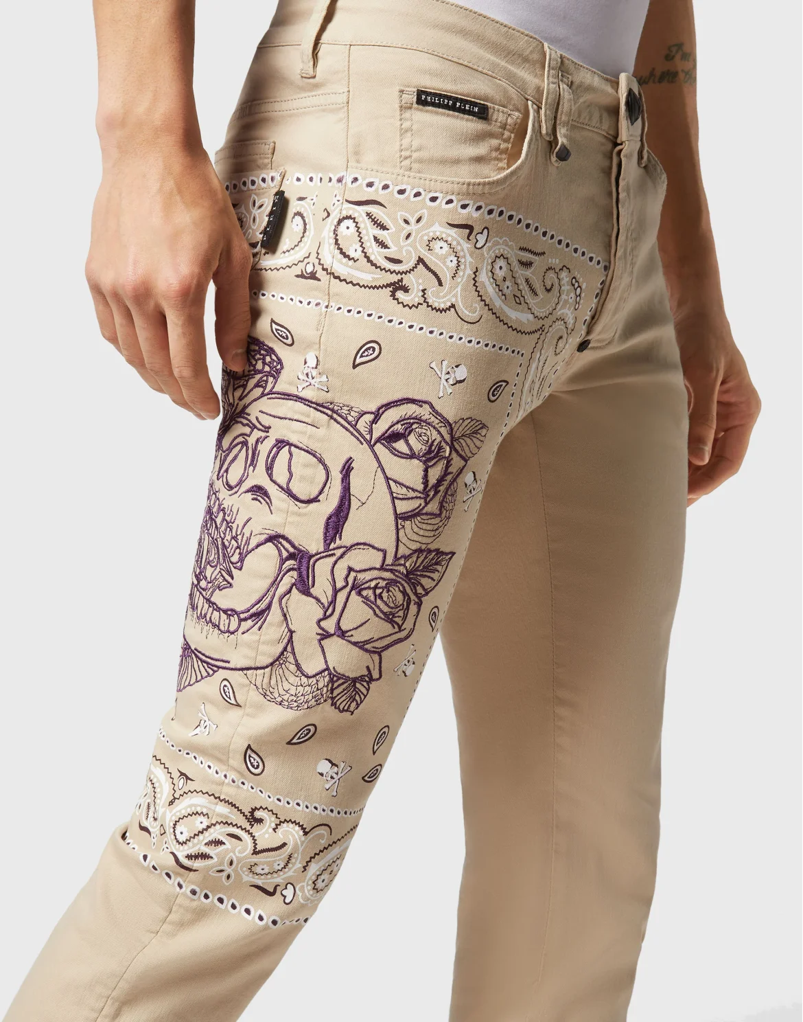 Embroidered Denim Trousers Super Straight Cut Paisley Bandana, цвет: Бежевый