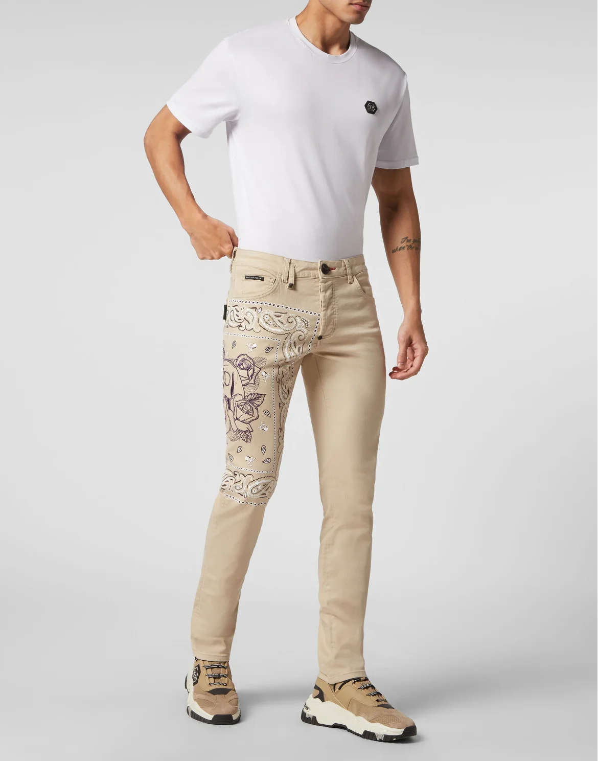 Embroidered Denim Trousers Super Straight Cut Paisley Bandana, цвет: Бежевый
