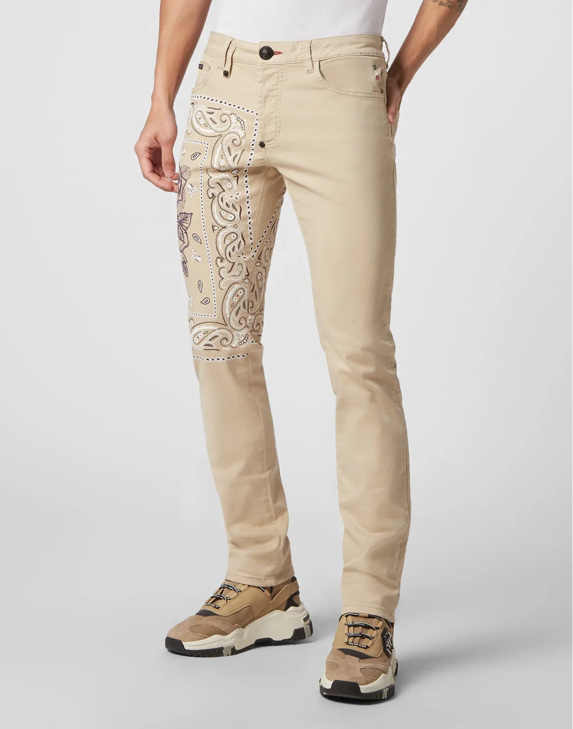 Embroidered Denim Trousers Super Straight Cut Paisley Bandana, цвет: Бежевый