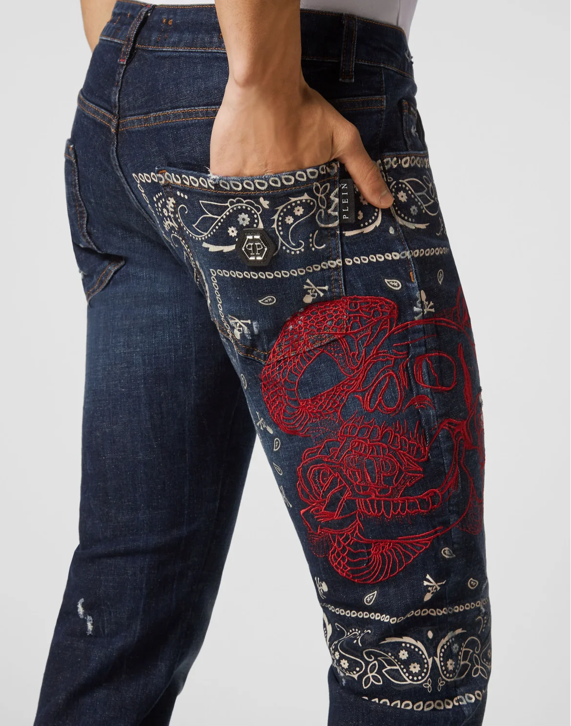 Embroidered Denim Trousers Super Straight Cut Paisley Bandana, цвет: Синий