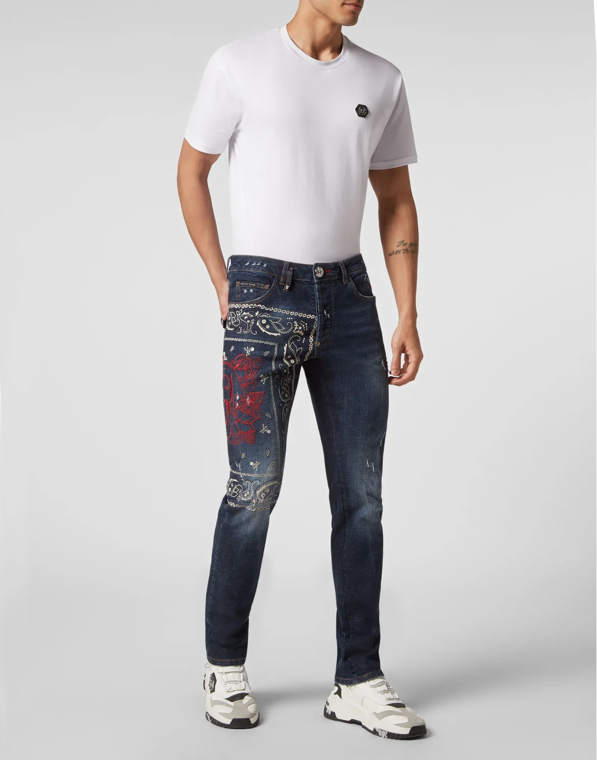 Embroidered Denim Trousers Super Straight Cut Paisley Bandana, цвет: Синий